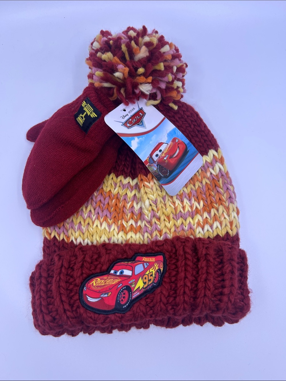 Disney Lightning McQueen Kids Pom Pom Beanie and Mittens Set - Red/Yellow